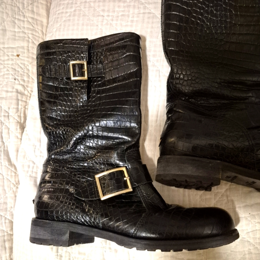 Jimmy Choo Black Croc-Embossed Leather Mid-Calf Boots with Gold Buckles